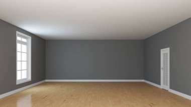 Pencere ve Beyaz Kapılı Boş Oda İçişleri Konsepti. Parlak Parke, Gri Duvarlar ve Beyaz Plinth. Bakış açısı. Penceresinde çalışma yolu olan yüksek kalite 3D tasarım. 8K Ultra HD