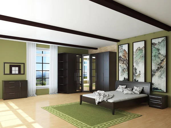 Интерьер спальни с зелеными стенами, коричневый шкаф, кровать со светлым бельем — стоковое фото