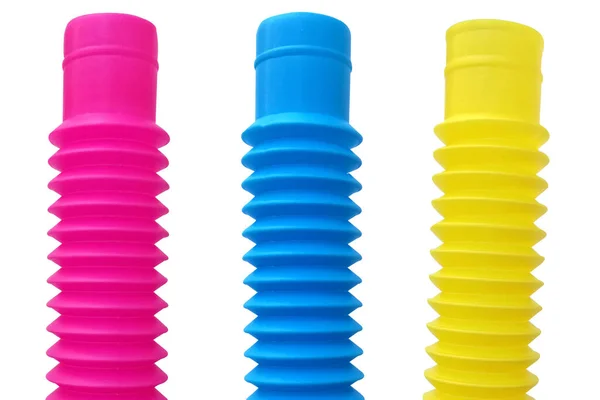 Plastikowe Zabawki Rury Spiralnej Kolorach Różowym Niebieskim Żółtym Elastyczna Zabawka — Zdjęcie stockowe