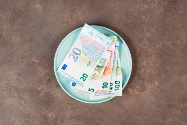 Plate Euro Banknotes Food Shortage Increasing Prices Poverty Inflation — Stockfoto