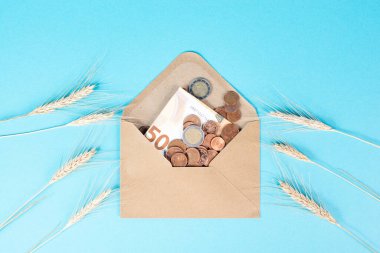 nvelope with wheat and Euro banknotes, food shortage and increasing prices, poverty through inflation 