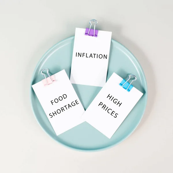 Plate Messages Paper Inflation Food Shortage High Prices Increasing Living — Stockfoto
