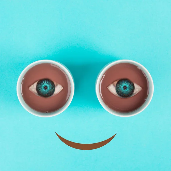 Cup Coffee Building Eyes Funny Face Mouth Smiling Wake Morning — 스톡 사진