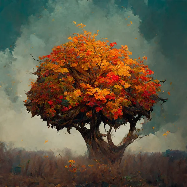 Tree with autumn colored foliage in the fall season, dark cloudy sky, illustration