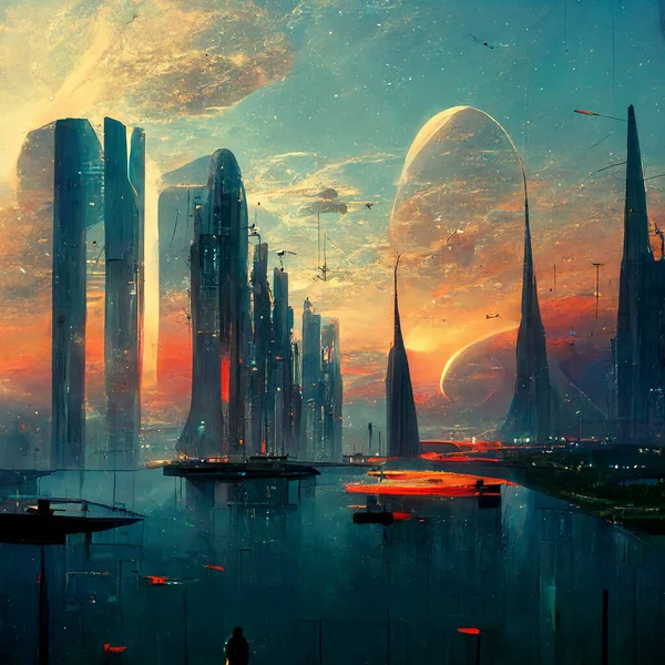 Illustration of a futuristic city in space with skyscrapers by the sea, red and blue colored at sunset, technology and infrastructure concept