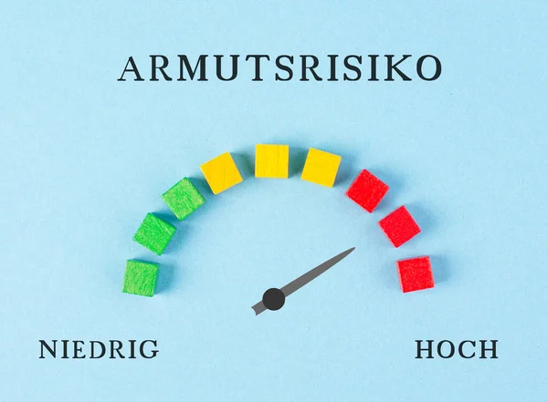 The words risk for poverty are standing in german language over the loading bar, high and low stands below, the pointer indicates to the red area, inflation and recession concept