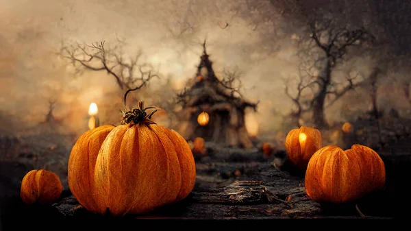 Halloween Greeting Card Pumkins Mysterious Trees Dark Scary Night Autumn —  Fotos de Stock