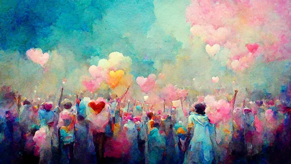Illustration of people throwing colorful powder, Holi festival in India, colored hearts for eternal love, Hindu ritual in spring