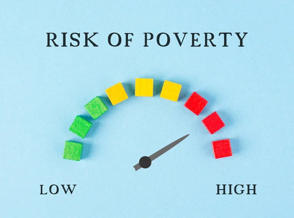 The words low and high risk for poverty are standing next the loading bar, the pointer indicates to the red area, inflation and recession concept