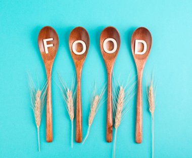 Wooden spoons with the word food and wheat ears, prices increase, crisis and shortages, supply chain problems