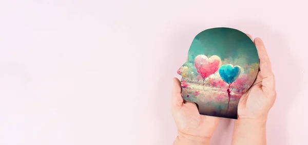 Holding Head Colorful Hearts Hands Symbol Love Positive Emotion Charity — Stock fotografie