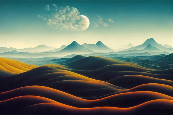 Desert mountains landscape with the moon and clouds in the dawn, travel to the rocky highland, illustration