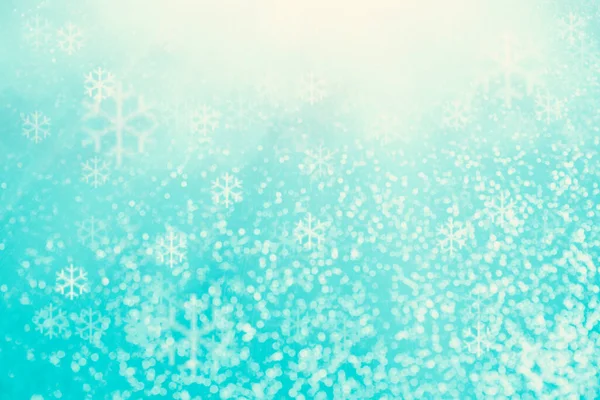 Blue Bokeh Background Snowflakes Christmas Defocused Lights Sunbeams Flare Overlay — Stock Photo, Image