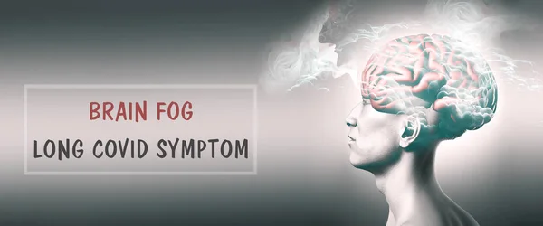 Brain fog, long covid symptom, illustration of a man with a brain, problems after Covid-19 disease, health issue
