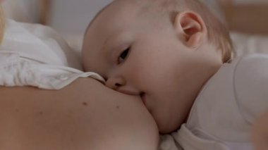 Bebek anne göğsünden süt içiyor ve kameraya bakıyor. Emzirme, annelik ve bebek için sağlıklı yemek kavramı. Genç kadın aç oğlunu besliyor.