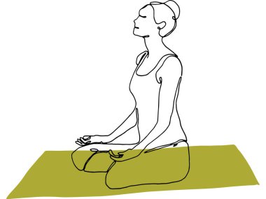 Lotus yoga figüründeki kadın siyah çizgi ve renk bloğu minderiyle çizilmiş.