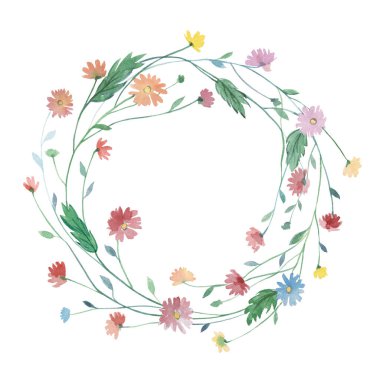 Yeşil yapraklar ve çiçek, suluboya ile boyanmış. El çizimi illüstrasyon.