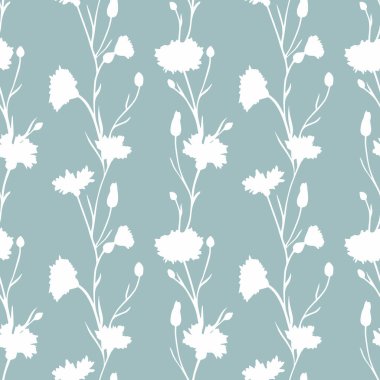 Yaban çiçekleri görüntüsü olan vektör deseni. Renkli bir arka planda beyaz çiçek. Vektörsüz desen.