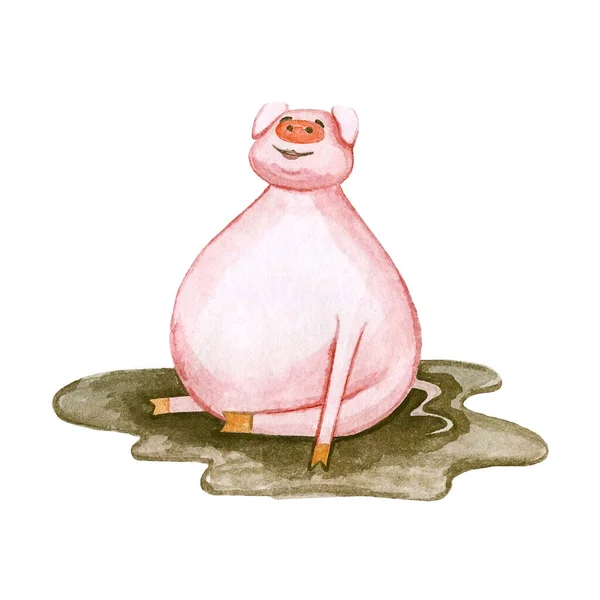 一只快乐的猪坐在水坑里这个插图是用水彩画的 — 图库照片
