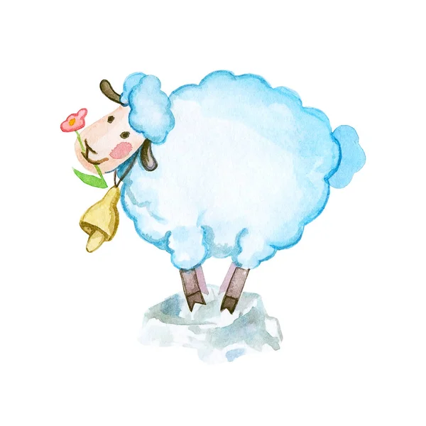 水彩画のイラスト 鐘と花と面白い羊 ロマンチックな動物は雲のようです — ストック写真