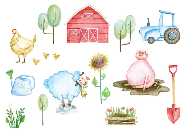 Çiftliğin temasında suluboya resim. Tuhaf izole ikonlar. Beyaz arkaplandaki nesnelerin canlandırması.