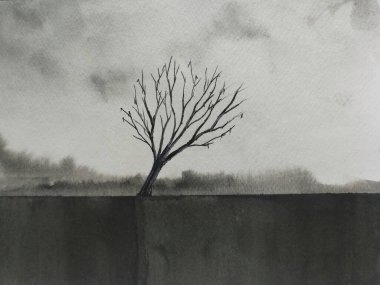 suluboya manzara ölü ağaç çayırda tek başına duruyor. Geleneksel oryantal mürekkep Asya sanat stili. Kağıda çizilmiş el..