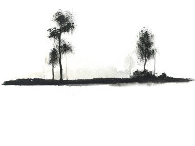 Suluboya izole edilmiş manzara ağacı soyut duruşu. Geleneksel oryantal mürekkep asya sanat tarzı