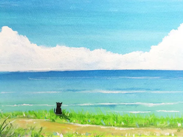 Akvarel Malování Mořská Krajina Černá Kočka Čeká Někoho — Stock fotografie