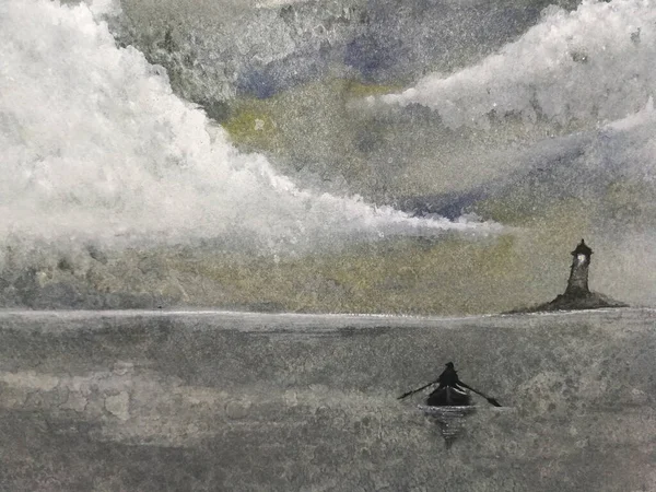 Akvarel Malování Rybář Plachetnice Noci Mořská Krajina — Stock fotografie