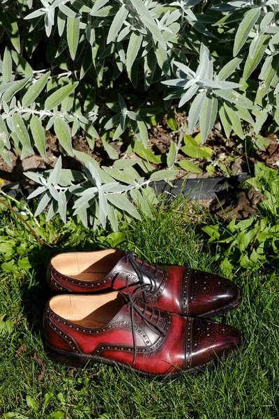 Wine colour vintage brogues full leather handmade patina wedding goodyear welted dress shoes