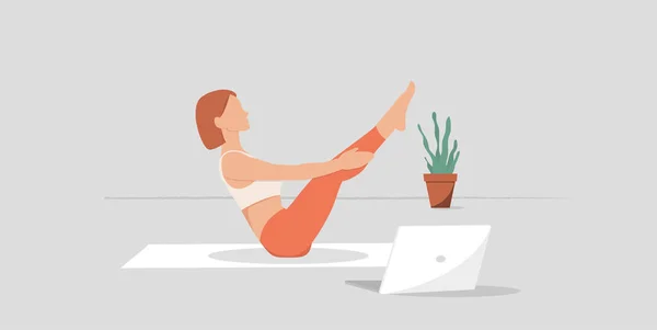 Chica practica yoga en línea con su computadora portátil, ilustración vectorial, eps 10 — Vector de stock