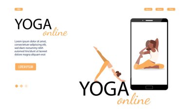 Vektör pankartı ya da akıllı telefondan online yoga dersi için iniş sayfası. Vektör illüstrasyonu