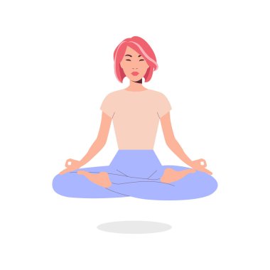Asyalı genç kadın yogası. Asyalı yoga kızı beyaz arka planda izole edilmiş meditasyon yapıyor. Vektör illüstrasyonu
