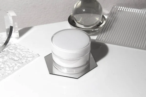 White Wood Table Background Lifestyle Cosmetic Makeup Bottle Lotion Cream — Stock Photo, Image