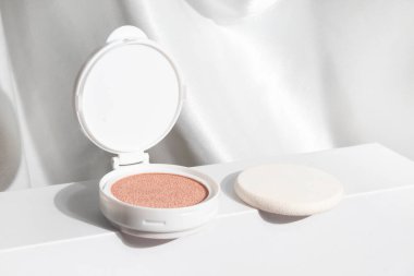 cusion primer powder of foundation cream with compact, product container cosmetic makeup mockup on white background