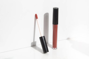 product template mockup, lipstick lip gloss with bottle container packaging, on white display background, 