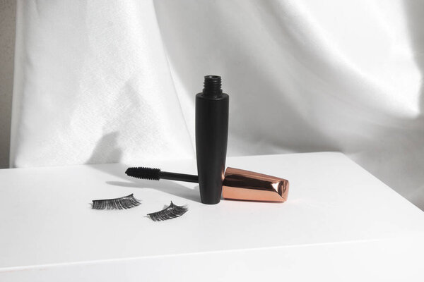 mascara for black lashes, eyelash with bottle container mockup product, cosmetic branding makeup, on white background