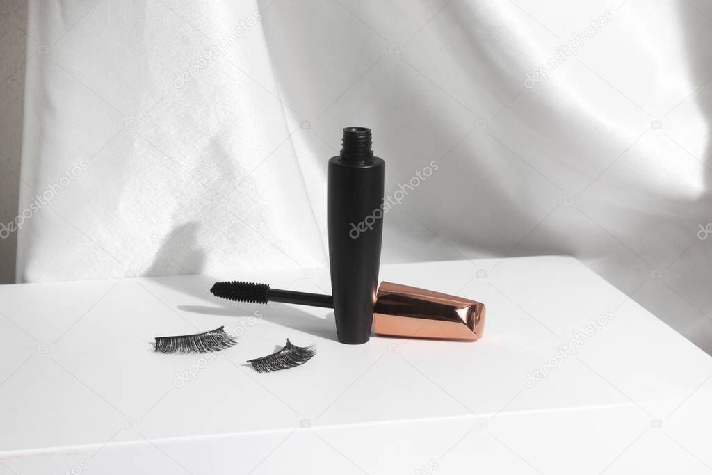 mascara for black lashes, eyelash with bottle container mockup product, cosmetic branding makeup, on white background