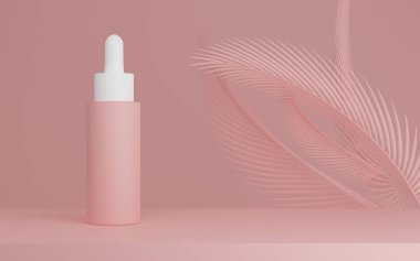 Deri bakımı serumu kozmetik şişesi, 3D çizim modeli, tıbbi losyon ürünü.