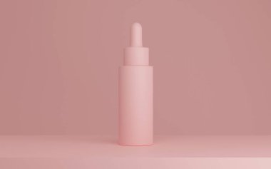 Deri bakımı serumu kozmetik şişesi, 3D çizim modeli, tıbbi losyon ürünü.