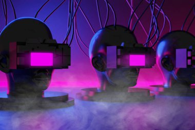 metaverse vr simulasyon oyun siber punk tarzı, dijital robot, üç boyutlu resimleme, sanal gerçeklik 