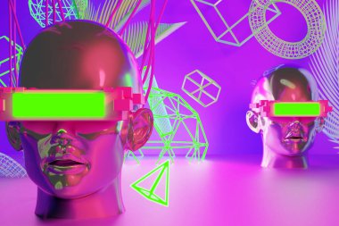 metaverse vr simulasyon oyun siber punk tarzı, dijital robot, üç boyutlu resimleme, sanal gerçeklik 