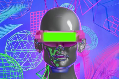 metaverse vr simulasyon oyun siber punk tarzı, dijital robot, üç boyutlu resimleme, sanal gerçeklik 