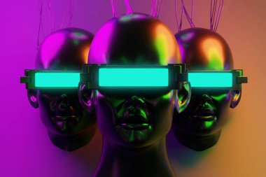 metaverse vr simulasyon oyun siber punk tarzı, dijital robot, üç boyutlu resimleme, sanal gerçeklik 