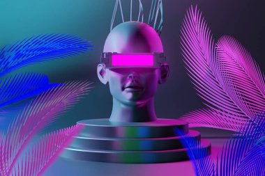 metaverse vr simulasyon oyun siber punk tarzı, dijital robot, üç boyutlu resimleme, sanal gerçeklik 