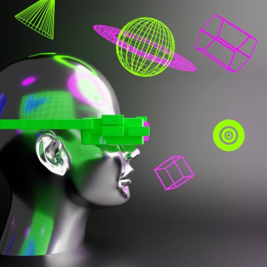 metaverse vr simulasyon oyun siber punk tarzı, dijital robot, üç boyutlu resimleme, sanal gerçeklik 