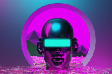 metaverse vr simulasyon oyun siber punk tarzı, dijital robot, üç boyutlu resimleme, sanal gerçeklik 