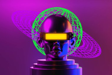 metaverse vr simulasyon oyun siber punk tarzı, dijital robot, üç boyutlu resimleme, sanal gerçeklik 