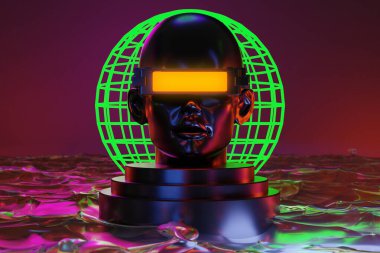 metaverse vr simulasyon oyun siber punk tarzı, dijital robot, üç boyutlu resimleme, sanal gerçeklik 