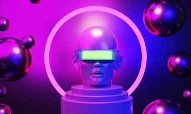 metaverse vr simulasyon oyun siber punk tarzı, dijital robot, üç boyutlu resimleme, sanal gerçeklik 